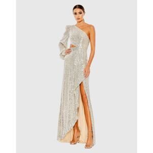 Mac Duggal Ieena 26730 Evening Gown Size 8 Silver Sequin One-Shoulder Dress NWT